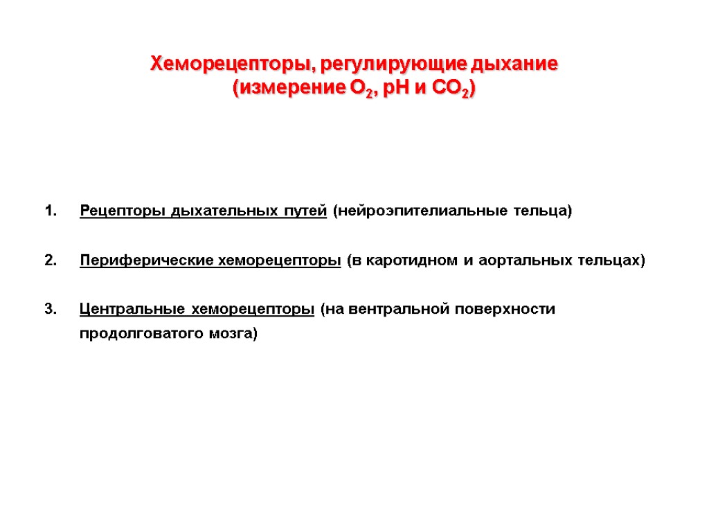 Хеморецепторы, регулирующие дыхание (измерение О2, рН и СО2) Рецепторы дыхательных путей (нейроэпителиальные тельца) Периферические